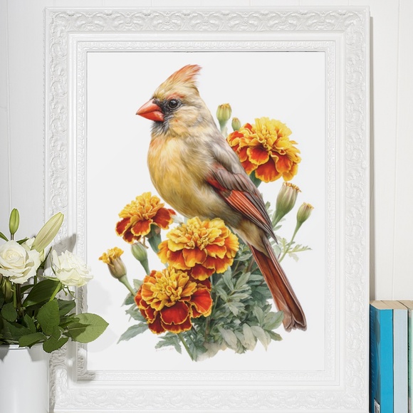 Watercolor Female Cardinal Bird with Marigolds Flowers Wall Art Print Unframed - Picture 6 of 7